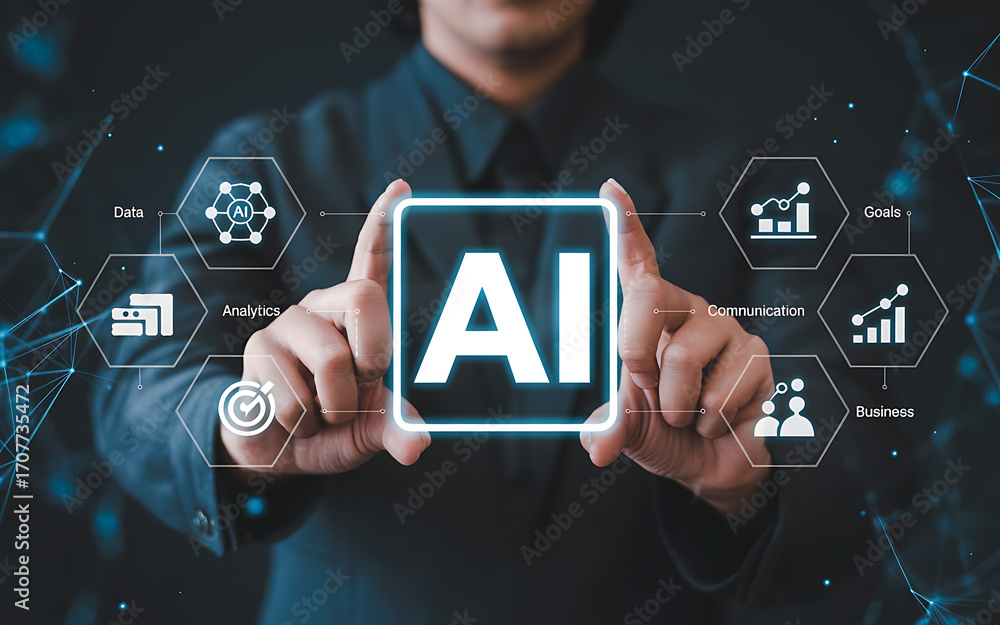 Poster Person holding a glowing ai icon with digital network and business icons surrounding it symbolizing artificial intelligence and technology