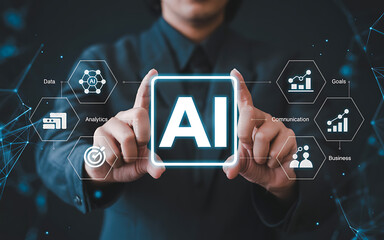 Person holding a glowing ai icon with digital network and business icons surrounding it symbolizing artificial intelligence and technology