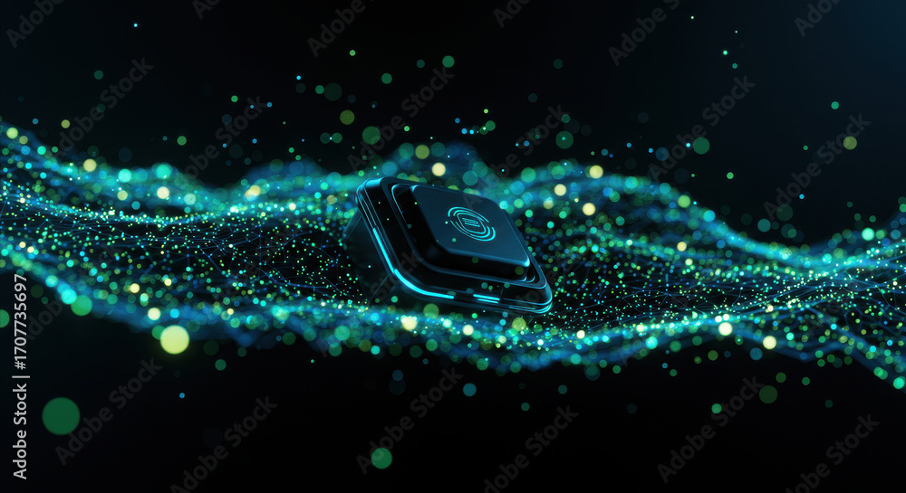 Poster futuristic microchip floats amidst digital wave of teal particles and glowing lights, symbolizing ad