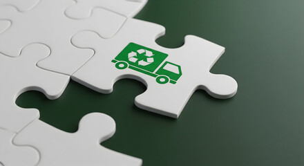 Green recycling truck puzzle piece connects to sustainability logistics concept