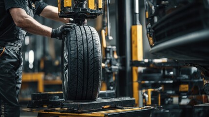 Skilled mechanic lifting a new tire in a modern workshop, surrounded by advanced equipment and tools, showcasing the tire installation process with focus and precision