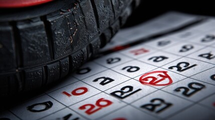 Close-up of a textured tire resting on a printed bingo card, showcasing numbers and markings, emphasizing the game atmosphere and excitement of chance
