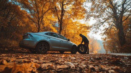 Man changing tire on silver sedan in autumn forest, surrounded by vibrant orange leaves, showcasing outdoor vehicle maintenance and nature's beauty