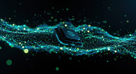 futuristic microchip floats amidst digital wave of teal particles and glowing lights, symbolizing advanced technology and connectivity. tech blog, presentation, digital design. quantum computer