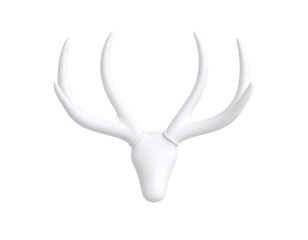 Modern minimalist white deer head sculpture with elegant antlers on black background