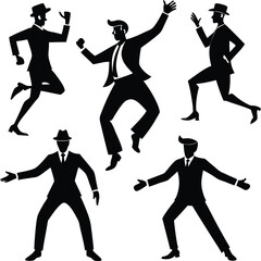 Silhouettes of Dancing Men in Suits: Retro Style, Black & White
