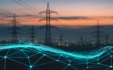 Futuristic digital network overlaying a power grid at sunset symbolizing smart energy and technological advancement
