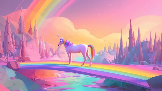 Colorful unicorn walking on crystal bridge over glowing river under pastel rainbow sky, magical dreamy atmosphere