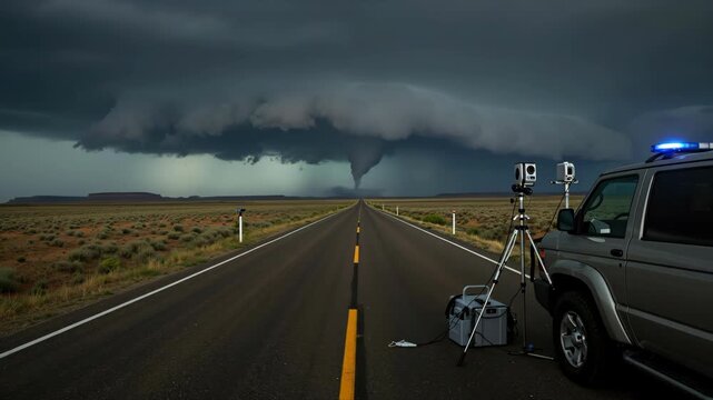 Storm chasers monitoring tornado with scientific equipment on remote road. Dramatic wide angle banner. Extreme weather research and climate change
