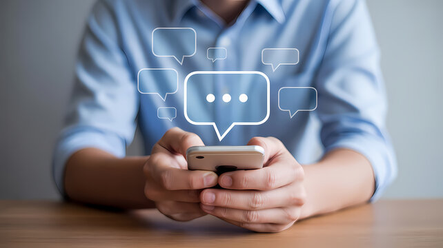 Close Up Photograph of Hands Holding White Smartphone with Speech Bubble Icons Representing Communication and Modern Messaging