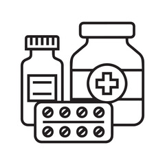 Medicine bottles and pills blister pack line icon. Vector illustration of pharmaceutical drugs, medication, and healthcare supplies.”
nt
