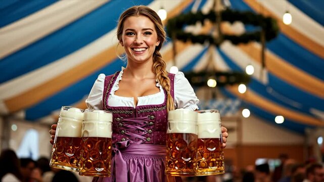 Smiling waitress in traditional dirndl holding beer mugs at oktoberfest. festive portrait with blurred background. german beer festival celebration. traditional culture and party event banner