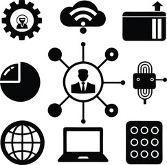 Black Icon Set: Business, Technology, Network, Data, and Cloud
