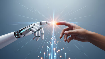 Digital Art Composition Featuring Robotic Hand and Human Hand Reaching with Starburst Effect Highlighting Technology Innovation Connection