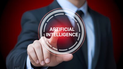 Digital Illustration of Business Person Hand Interacting with Artificial Intelligence Red Interface Highlighting Innovation and Technology