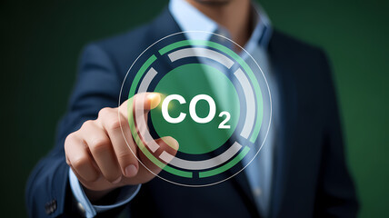 Digital Illustration of Business Person Hand Interacting with CO2 Green Interface Emphasizing Environmental Sustainability and Innovation