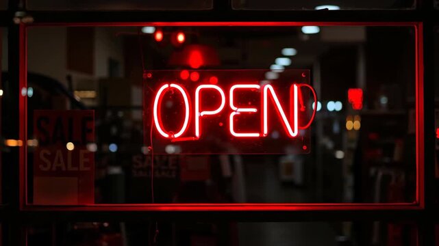 Glowing red neon open sign in store window at night. Dark urban storefront with sale signs and bokeh lights. Business hours and retail promotion banner.