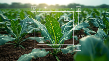 Agricultural field with digital overlay analyzing plant growth and environmental data