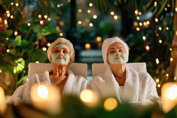 Happy couple enjoying spa night with face masks and candles against festive lights