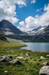 mountain landscape with lake and mountains