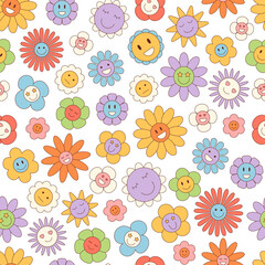 Groovy y2k floral cartoon background with happy seamless flower and colorful daisy smiley pattern. Cute retro style creates a playful and fun mood for wallpaper, print, or fabric.