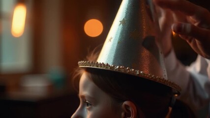 A young child celebrating with a colorful party hat - Powered by Adobe