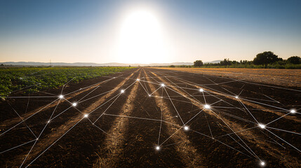 Agricultural field with digital network overlay under bright sunlight