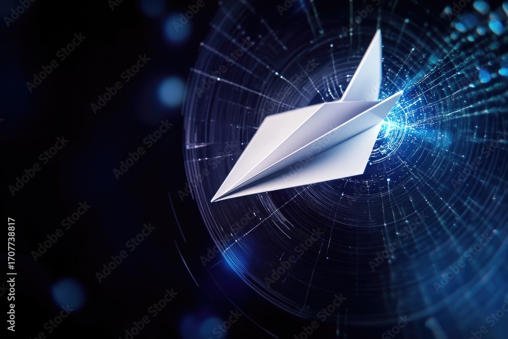 Poster paper airplane soaring through a futuristic digital vortex with dynamic light trails