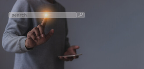 Young man with smartphone mobile hand touching search bar, Search job