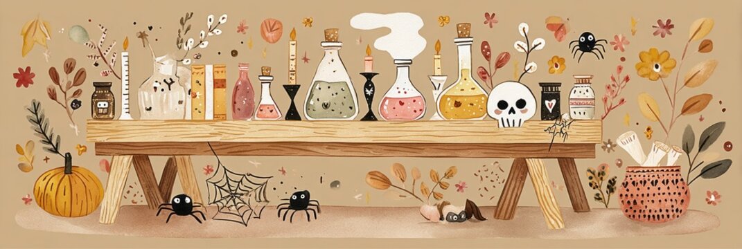 Various potion drinks are arranged on a wooden surface, surrounded by vibrant autumn leaves and whimsical elements. Perfect for celebrating Halloween in a festive atmosphere, banner