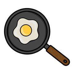 A vector illustration of a fried egg in a frying pan, featuring a sunny-side up egg with a detailed yolk and a realistically rendered wooden handle.