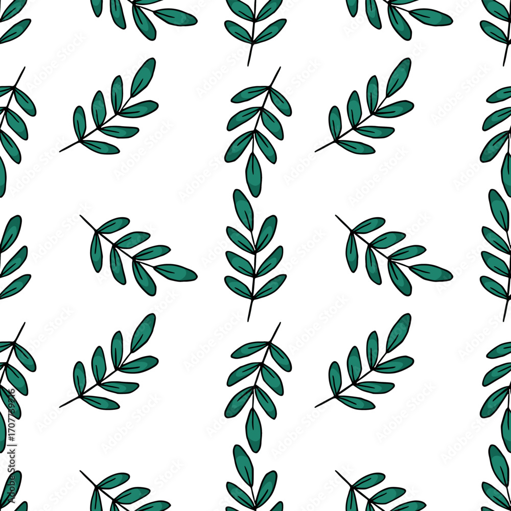 Poster Seamless vector pattern of stylized teal leaves on a white background, creating a simple yet elegant botanical design perfect for various applications.