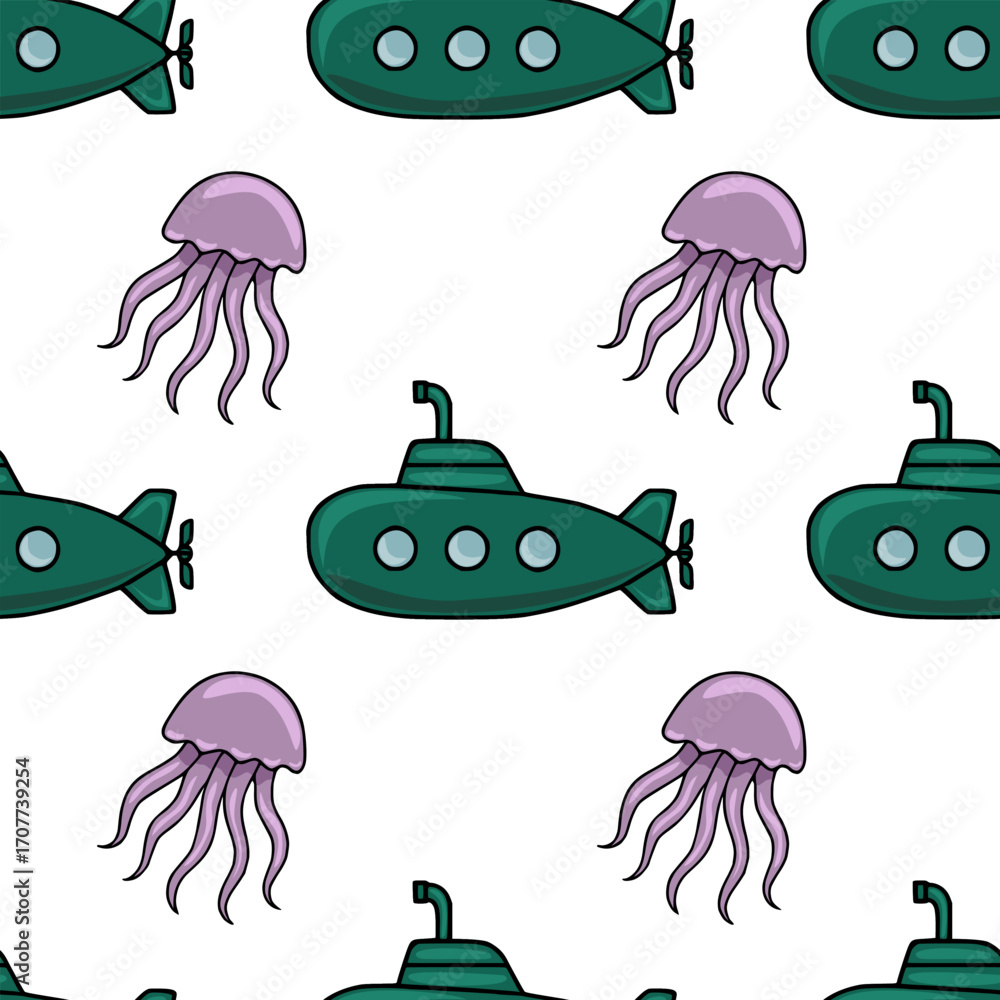 Poster seamless vector pattern featuring whimsical teal submarines and lavender jellyfish, creating a playf