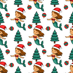 Seamless vector pattern featuring cute mermaids wearing Santa hats, Christmas trees, and ornaments, creating a festive underwater Christmas scene.