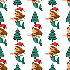 Seamless vector pattern featuring charming mermaids in Santa hats and festive Christmas trees, creating a whimsical and joyful holiday design.