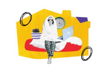 Composite photo collage of happy girl work home wear pajamas sit bed macbook freelance occupation isolated on painted background