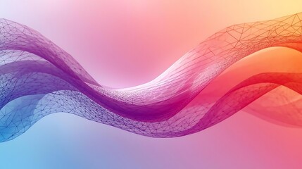 A flowing, abstract wave of colorful mesh material transitions from blue to purple to orange and red against a soft gradient background.