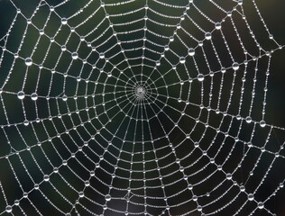 Dew drops decorating an intricate spiderweb in the morning light