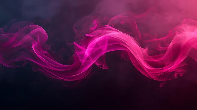 A vibrant wave of pink and purple smoke gracefully flows across a dark background, creating an abstract and ethereal visual.