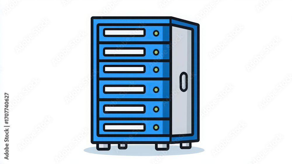 Poster blue server rack with multiple storage units and connection indicators for data center infrastructur