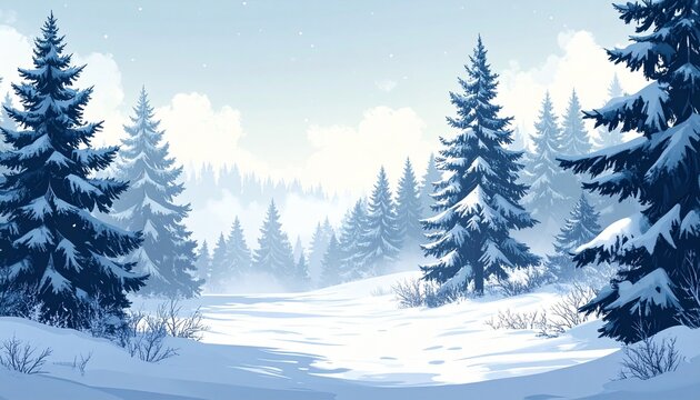 Snowy landscape featuring snow-covered evergreen trees in a forest with a light blue and white color palette, suggesting a peaceful winter scene.