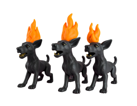 Three Black Mythological Dog Figurines with Fiery Orange Mohawk Flames on a Dark Background