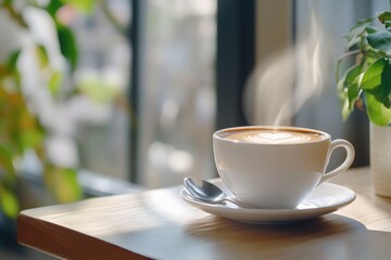 Warm morning coffee with heart design in sunlit cafe