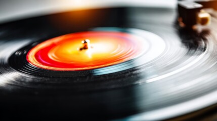 Closeup fragment of classic vinyl record with circular grooves and black surface texture, abstract retro music background symbolizing vintage audio, sound recording, turntable and analog entertainment