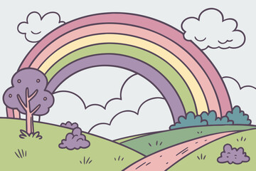 Whimsical Pastel Rainbow Landscape with Clouds.