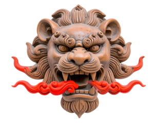 Fierce Traditional Asian Mythical Lion Head Sculpture with Red Auspicious Clouds Isolated on Black