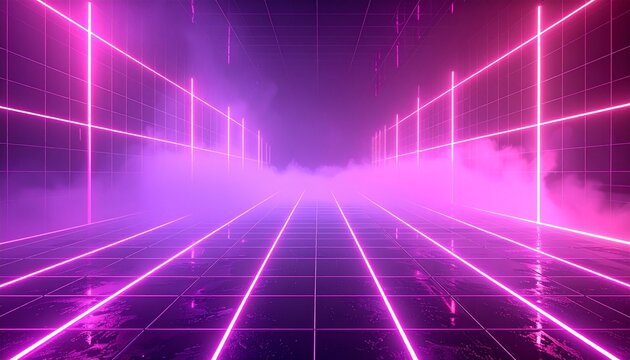 Abstract image featuring neon pink grid lines converging into the distance with a hazy, smoky atmosphere. - Powered by Adobe