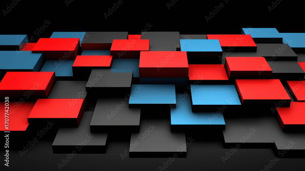 Poster abstract composition of colorful geometric shapes on a dark background, showcasing dynamic interplay