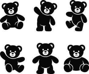 Set of cute teddy bear silhouettes in playful poses, cartoon vector design, black and white illustration for kids and decoration