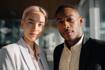 Young caucasian female and african male professionals in sunlit office environment